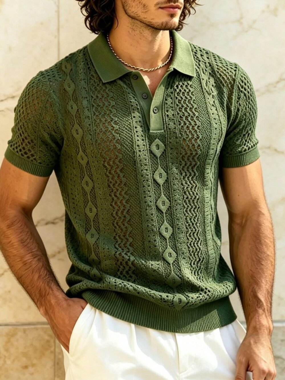 Army Green Casual Men's Button Front Rib-Knit Collar Short Sleeve T-Shirt